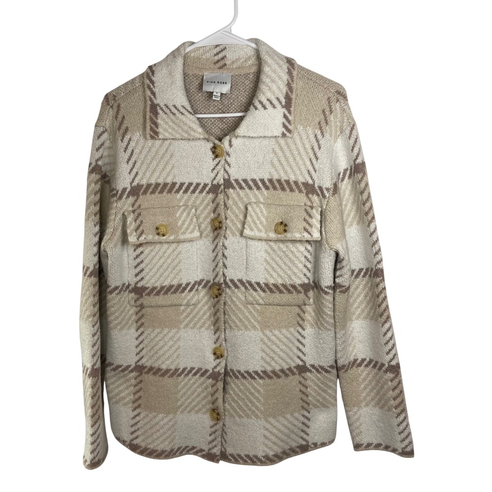 Pink Rose Plaid Knit Shacket Jacket Womens L Beige Cream‎ Button Front Pockets